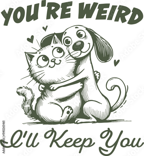 Adorable Cat and Dog Hugging with "You’re Weird, I’ll Keep You" – Cute and Playful Friendship Illustration, Funny Cat and Dog Lover 