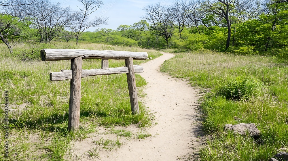Serene Nature Pathway with Wooden Torii Gate in Lush Greenery Serene Nature Pathway with Wooden Torii Gate in Lush Greenery
