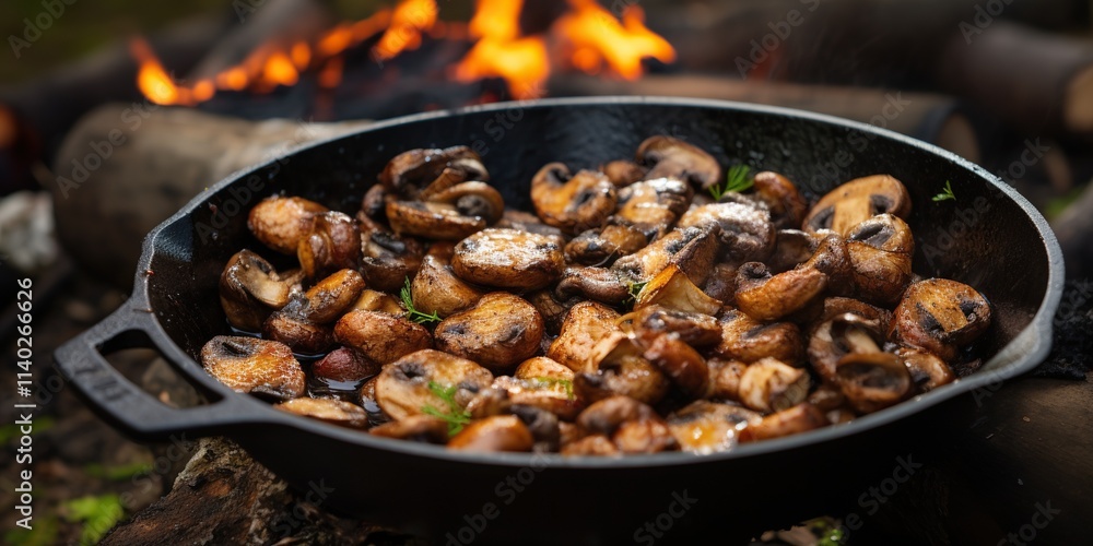Sizzling mushrooms are being deliciously cooked over an open fire using a sturdy cast iron skillet Sizzling mushrooms are being deliciously cooked over an open fire using a sturdy cast iron skillet