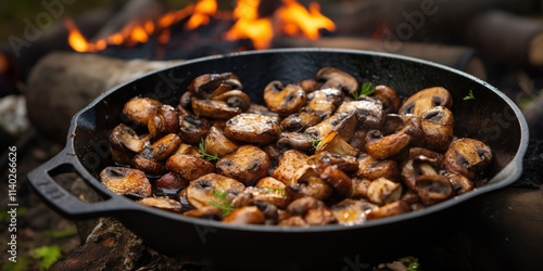 Sizzling mushrooms are being deliciously cooked over an open fire using a sturdy cast iron skillet