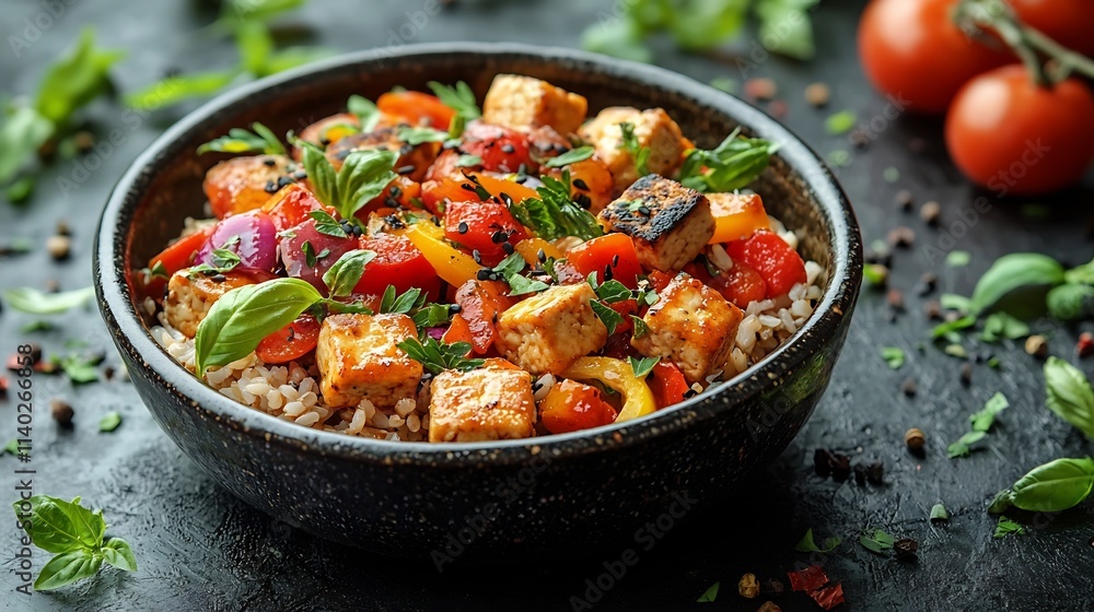 Vibrant Plant Based Stir Fry with Tofu and Rainbow Vegetables Over Brown Rice Healthy Meal Concept Vibrant Plant Based Stir Fry with Tofu and Rainbow Vegetables Over Brown Rice Healthy Meal Concept