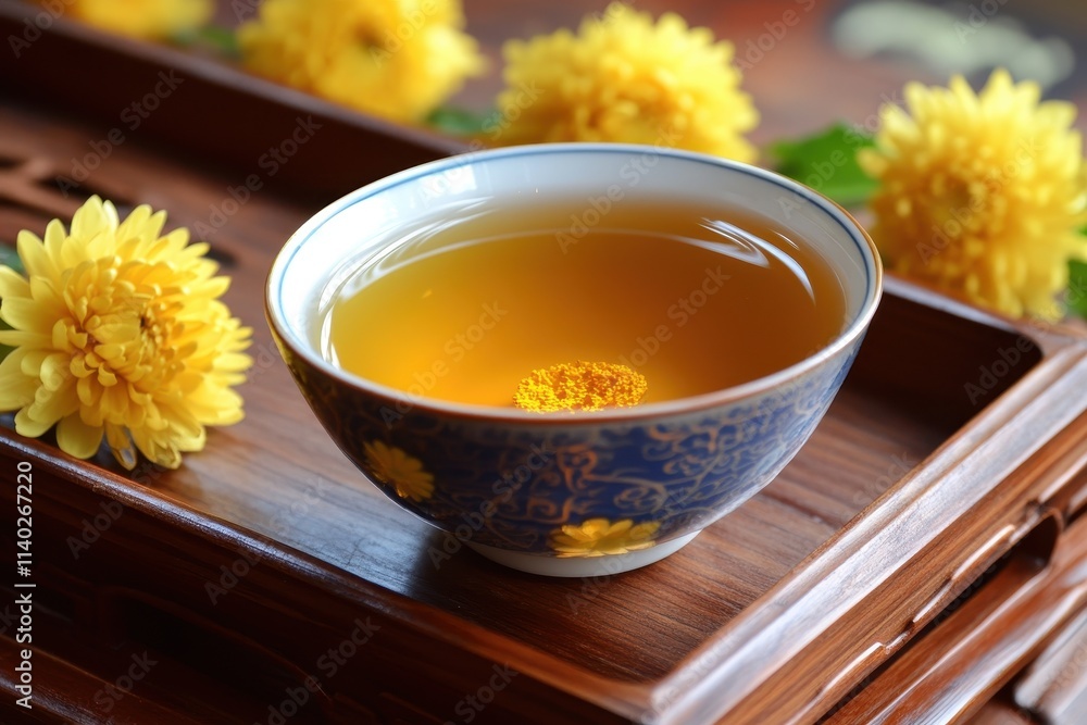 A wooden table with hot tea and chrysanthemum tea A wooden table with hot tea and chrysanthemum tea