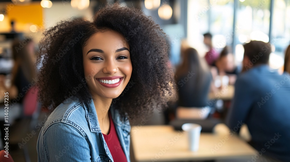 Fototapeta premium Happy young woman smiling in busy coffee shop