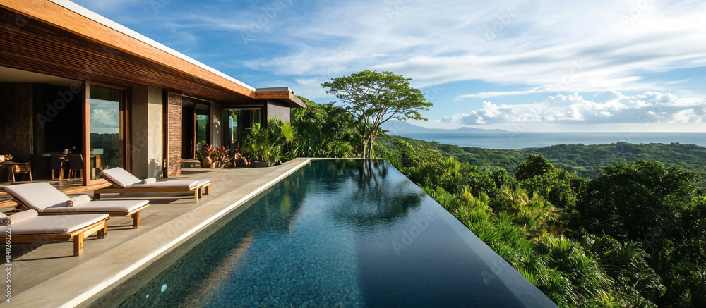 Fototapeta premium A wooden deck and pool with white loungers overlook the ocean