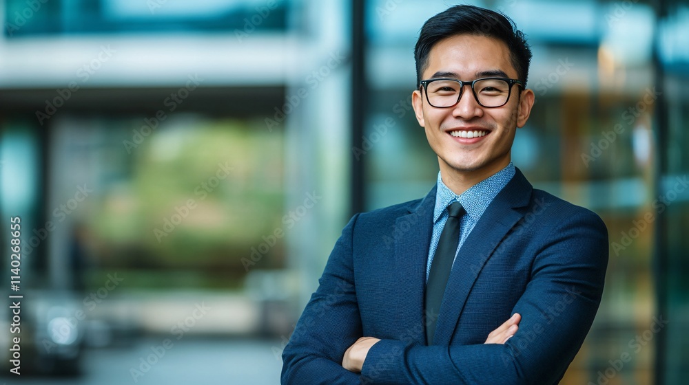 Smiling businessman with folded arms in front of office building