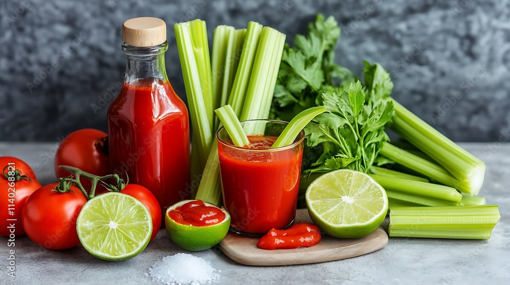 Creative Flat Lay Featuring Ingredients for Bloody Mary Cocktail with Fresh Tomatoes, Celery Sticks, Limes, and Bottles of Tomato Juice and Hot Sauce Creative Flat Lay Featuring Ingredients for Bloody Mary Cocktail with Fresh Tomatoes, Celery Sticks, Limes, and Bottles of Tomato Juice and Hot Sauce