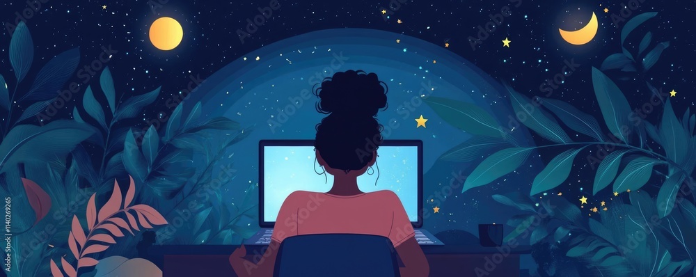 Naklejka premium Computer home desktop concept. Comfortable desk, desktop with night mode screen, flat design illustration