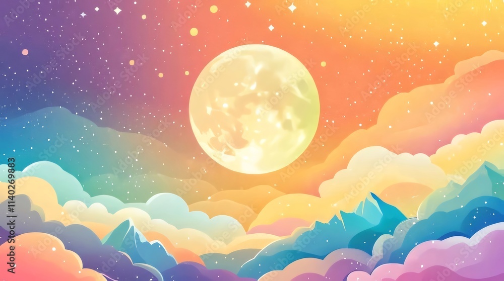 Colorful moonlit sky with pastel clouds and mountains. Colorful moonlit sky with pastel clouds and mountains.