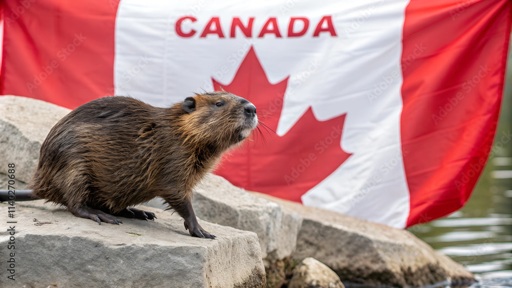 Canadian beaver against the background of the Canadian flag, the symbol of the country