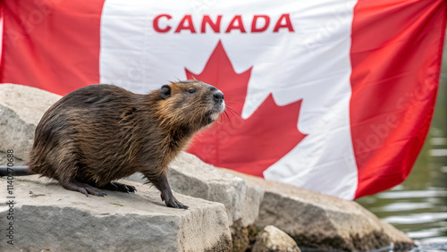 Obraz na płótnie Canadian beaver against the background of the Canadian flag, the symbol of the country w salonie