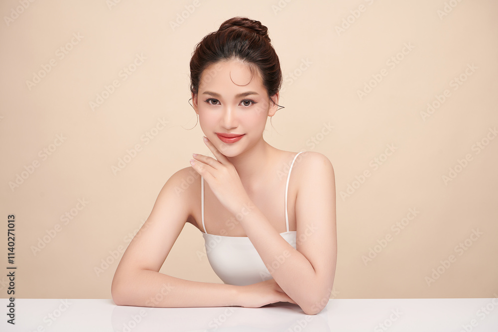 Beautiful young asian woman with clean fresh skin on beige background, Face care, Facial treatment, Cosmetology, beauty and spa, Asian women portrait. Beautiful young asian woman with clean fresh skin on beige background, Face care, Facial treatment, Cosmetology, beauty and spa, Asian women portrait.