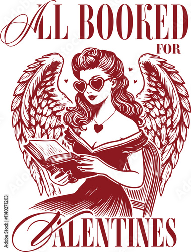 Romantic Angelic Woman Illustration with "All Booked for Valentines" – Aesthetic Book Lover Valentine's Design