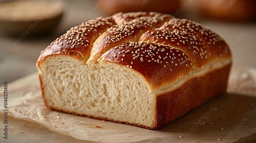 Artisanal brioche loaf featuring golden-brown crust and detailed crumb structure, garnished with sesame seeds and photographed against soft beige background. Artisanal brioche loaf featuring golden-brown crust and detailed crumb structure, garnished with sesame seeds and photographed against soft beige background.