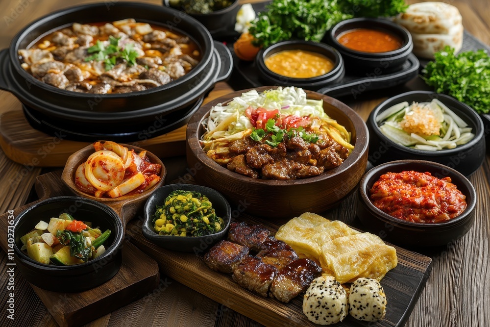 Blurred view of traditional and delicious Korean cuisine on a wooden background Blurred view of traditional and delicious Korean cuisine on a wooden background