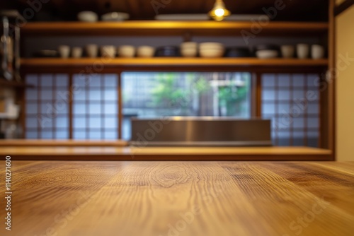 Blurred Japanese kitchen background with an empty wooden table photo