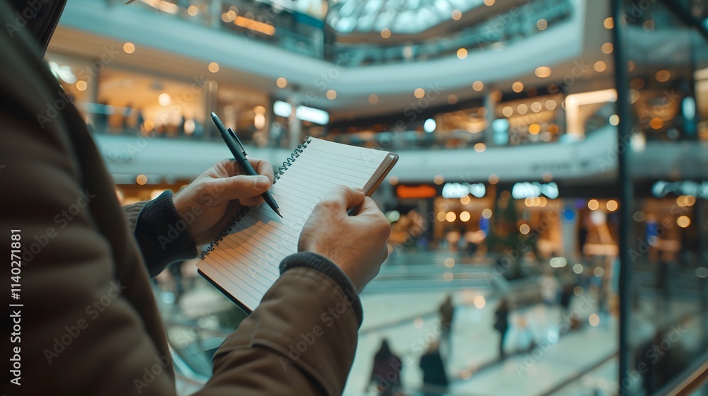 Person Writing Notes in Modern Shopping Mall with People Shopping Person Writing Notes in Modern Shopping Mall with People Shopping