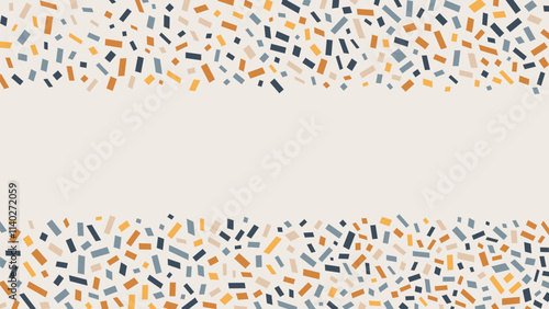 Cute background with colorful confetti. Party doodles vector border. Abstract hand drawn childish shapes on beige backdrop with copy space. Festive banner design with colorful sprinkles