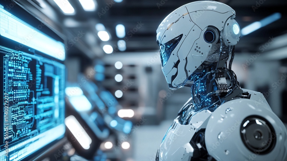 Advanced white robot working with futuristic computer in digital control room Advanced white robot working with futuristic computer in digital control room