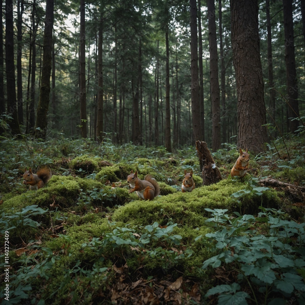 A dense forest with squirrels and rabbits playing on the forest floor. A dense forest with squirrels and rabbits playing on the forest floor.