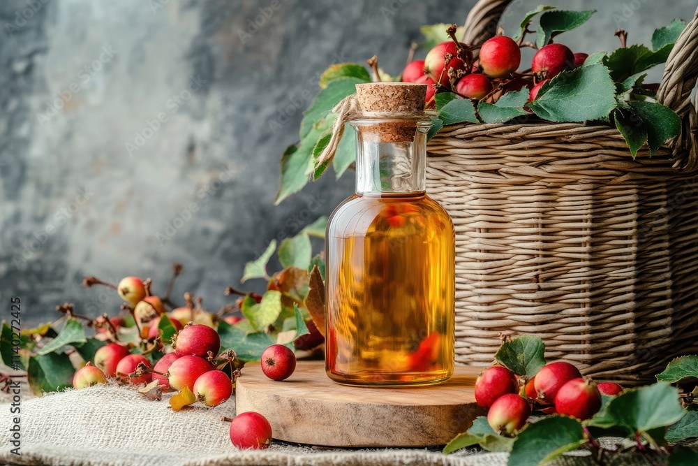 Bottle of hawthorn tincture or infusion and basket of thorn apples on wooden board Herbal remedy Bottle of hawthorn tincture or infusion and basket of thorn apples on wooden board Herbal remedy