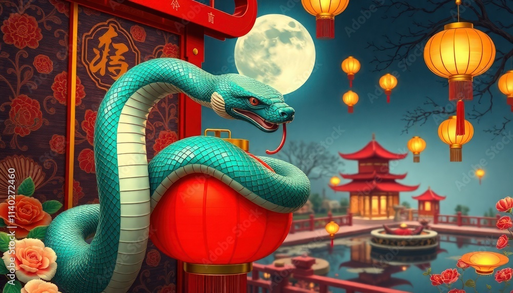 Fototapeta premium Chinese New Year With Snake - Green Snake and Moon