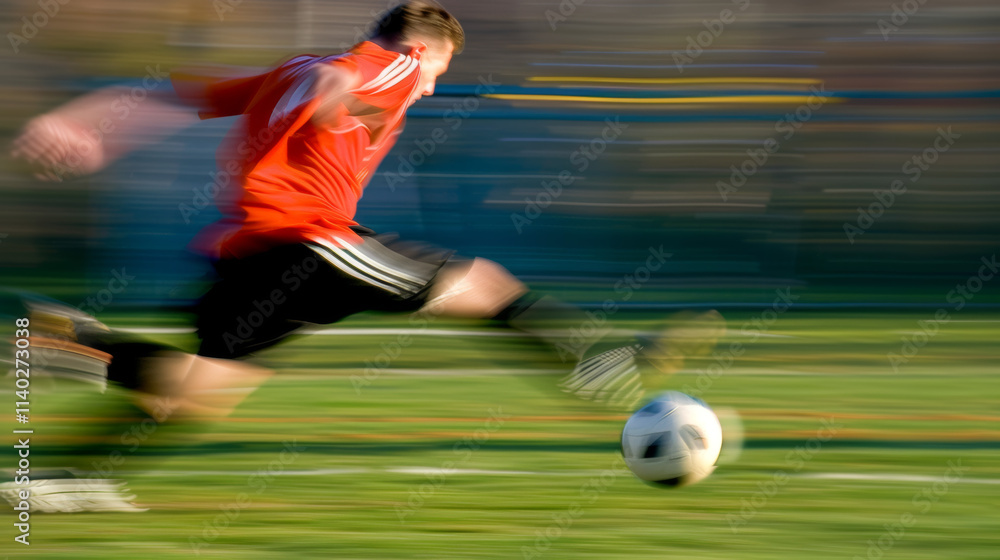 Fototapeta premium Mid-Kick Action of Football Player with Blurred Scene