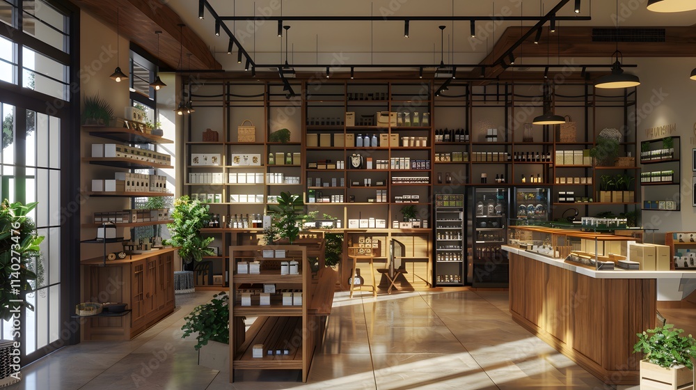 Modern interior of a cozy shop with wooden shelves and plants Modern interior of a cozy shop with wooden shelves and plants