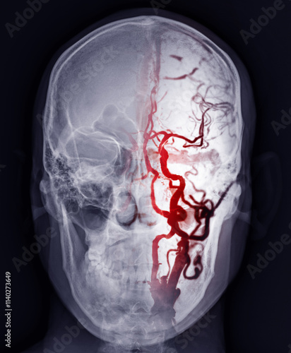 CTA Brain with Skull Overlay:.This image displays cerebral arteries glowing in red overlaid on the skull, showcasing the brain's vascular structure and bony anatomy for diagnostics. photo