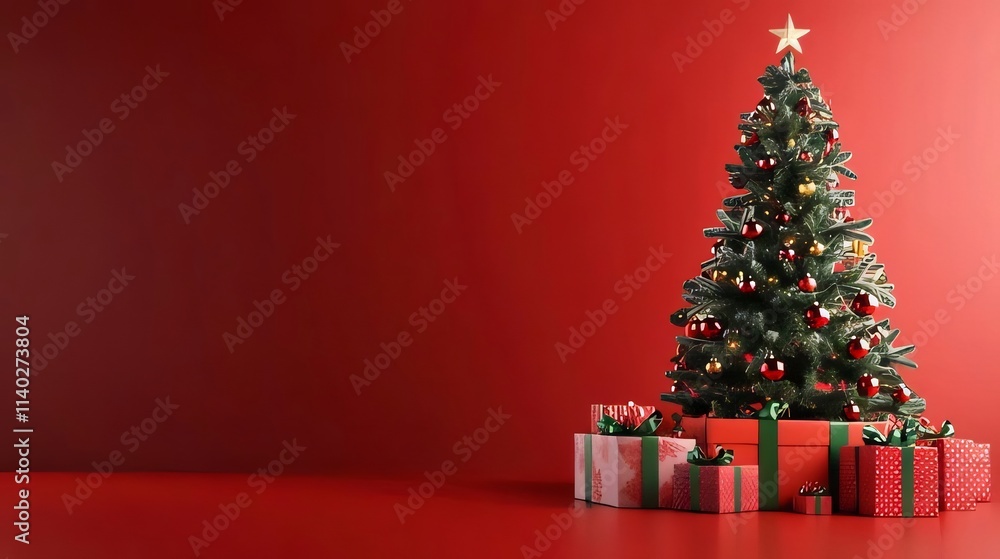 Decorated Christmas tree with presents on red background. Decorated Christmas tree with presents on red background.