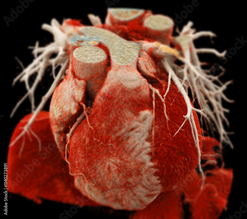 Realistic Coronary Artery CTA:.The image features a 3D coronary artery CTA scan, highlighting the heart's structure and vascular pathways for diagnosing heart disease.