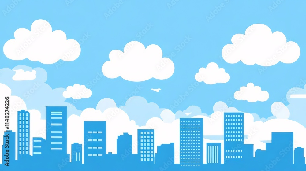 Blue city skyline with fluffy clouds and a light blue sky. Blue city skyline with fluffy clouds and a light blue sky.