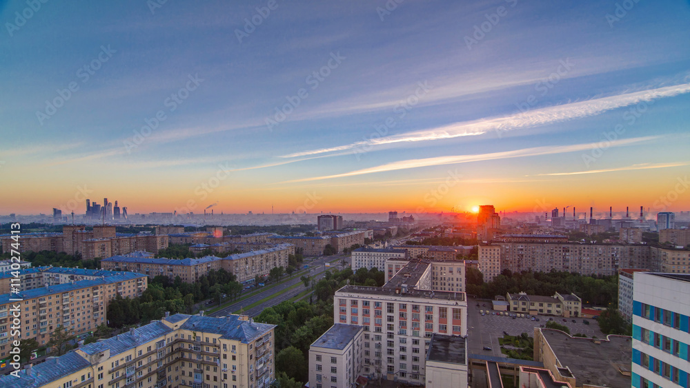 Obraz premium Residential buildings, Stalin skyscrapers and panorama of city at sunrise timelapse in Moscow, Russia
