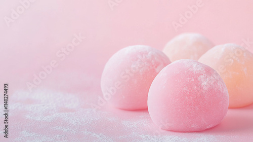 Sweet and colorful mochi dessert balls on pastel pink background showcasing texture and vibrant colors