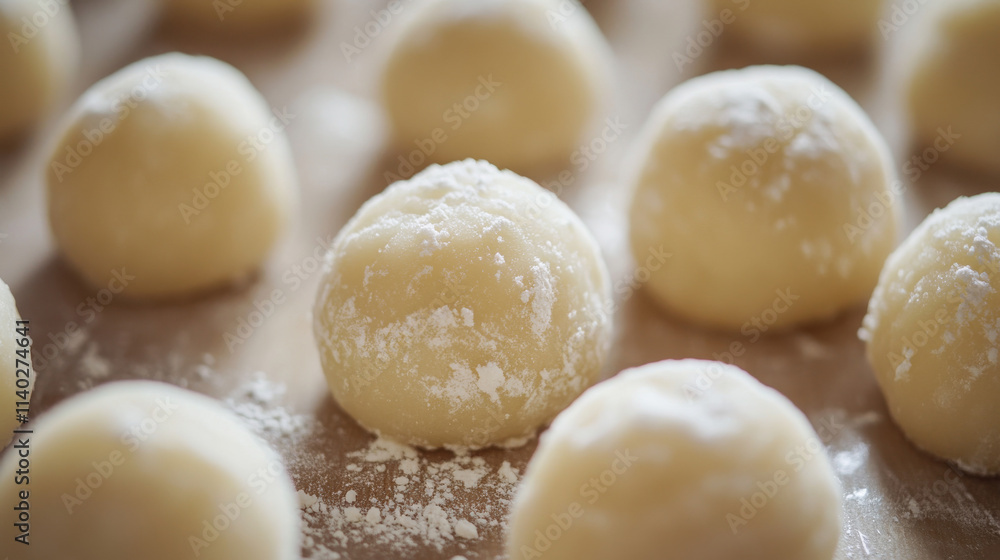 Sweet dough balls prepared for baking with powdered sugar on a wooden surface in a cozy kitchen setting Sweet dough balls prepared for baking with powdered sugar on a wooden surface in a cozy kitchen setting