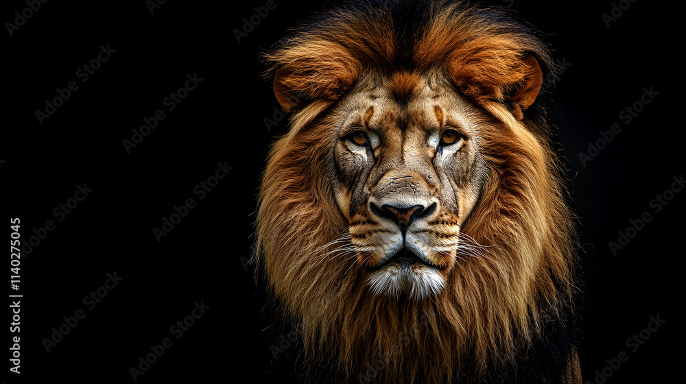 A portrait of a large male African lion against a black backdrop. A portrait of a large male African lion against a black backdrop.