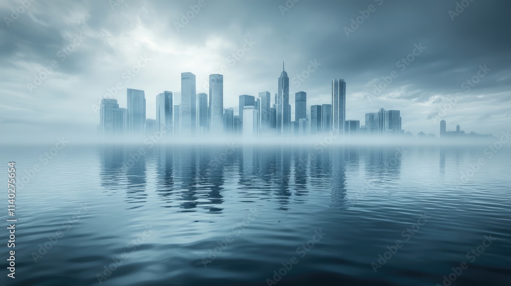 Obraz premium Misty City Skyline Reflection Over Serene Water at Dusk