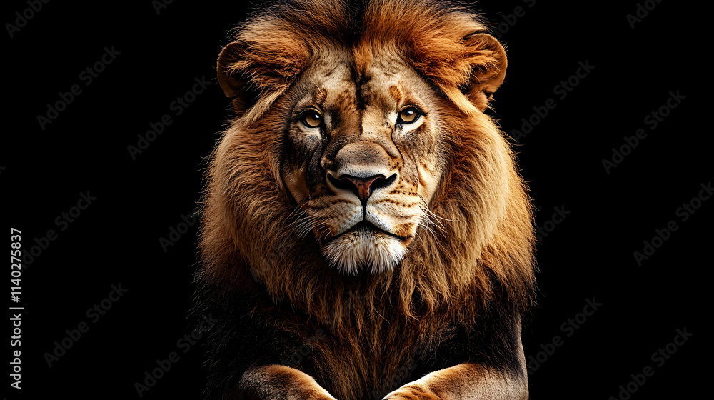 Fototapeta premium A portrait of a large male African lion against a black backdrop.