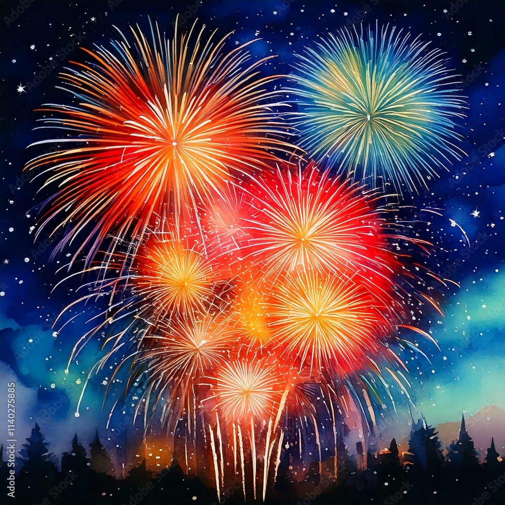 Fototapeta premium Watercolor fireworks lighting up a dark night sky for New Year's Eve