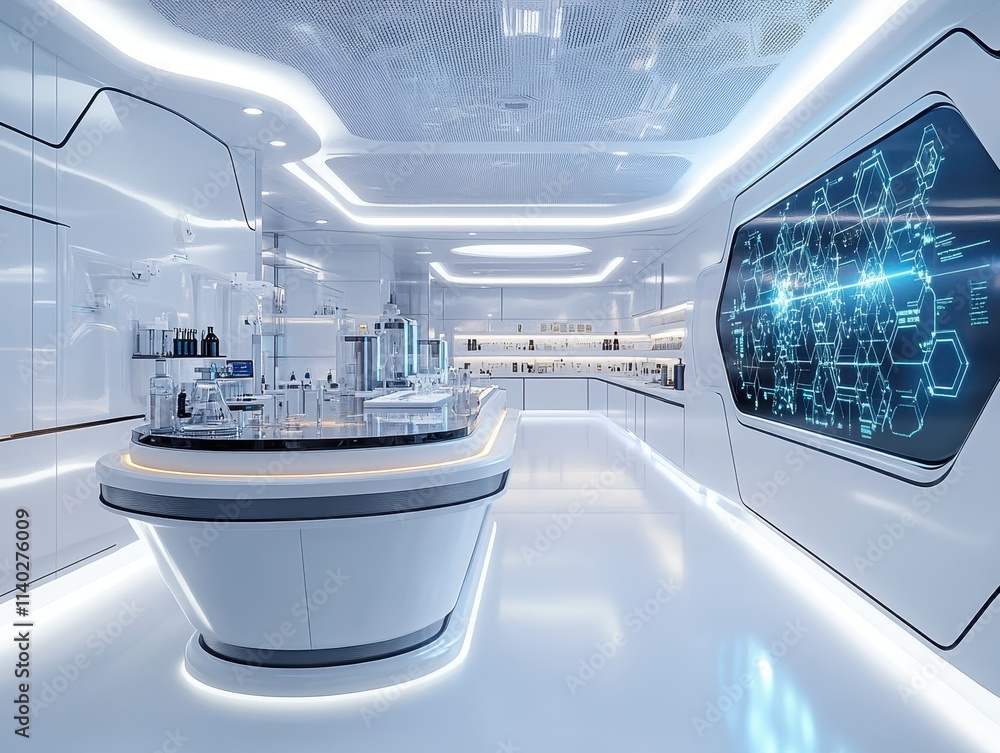 Obraz premium Modern laboratory with sleek design and advanced technology displays.