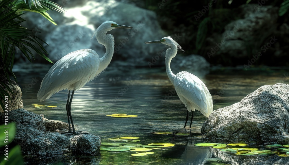 Naklejka premium Discover the serene beauty of a riverbank with tropical birds, nestled within an exotic tropical forest Experience untouched and vibrant wildlife, where nature's symphony unfolds in a symphony of