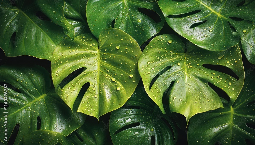 Fototapeta premium Discover the serene beauty of an exotic tropical forest, where water droplets glistening on lush leaves create an untouched, captivating scene Explore the intricate detail of nature's artistry