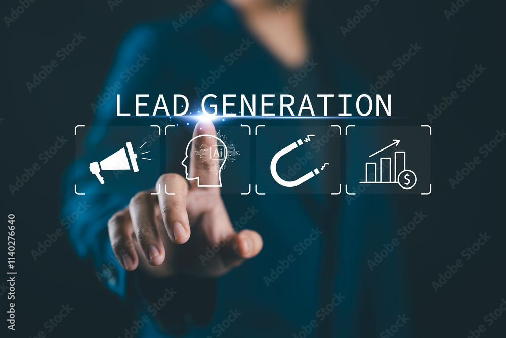 Lead Generation concept, Finding and identifying customers for business products or services. Businessman touching lead generation icon on virtual screen. Lead Generation concept, Finding and identifying customers for business products or services. Businessman touching lead generation icon on virtual screen.