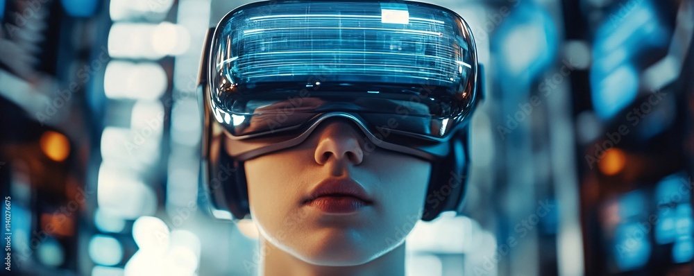 Woman wearing futuristic vr headset explores virtual reality in server room Woman wearing futuristic vr headset explores virtual reality in server room