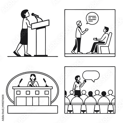 Public speaking people flat icons collection with conference meetings