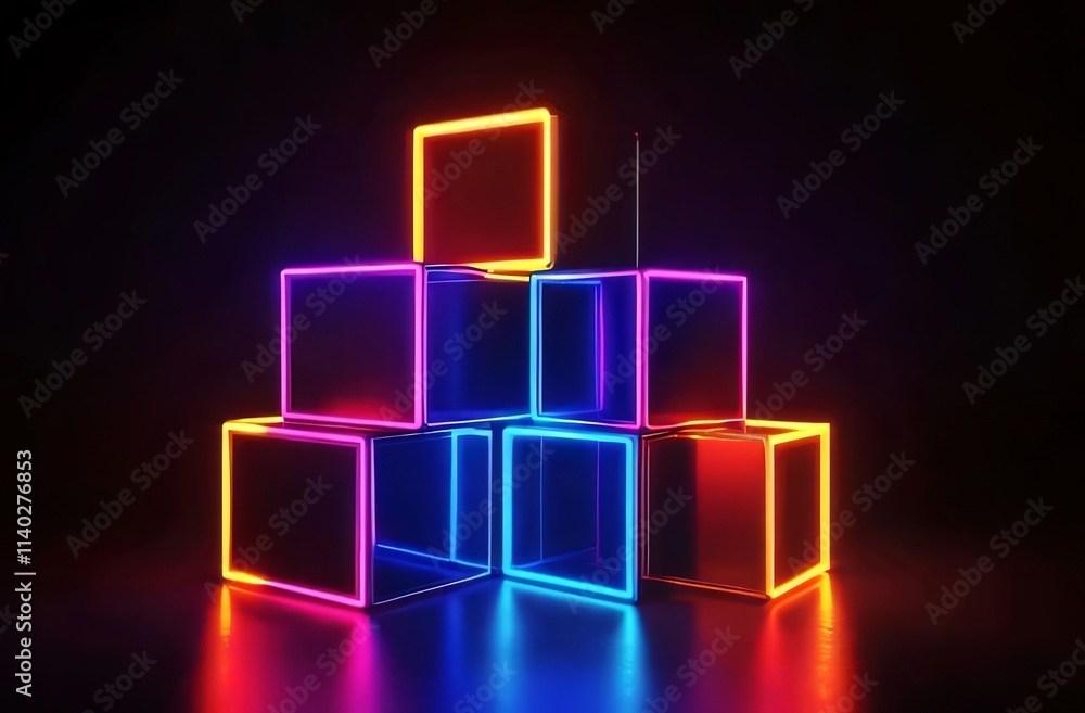 Stacked neon cubes glowing in dark. Stacked neon cubes glowing in dark.