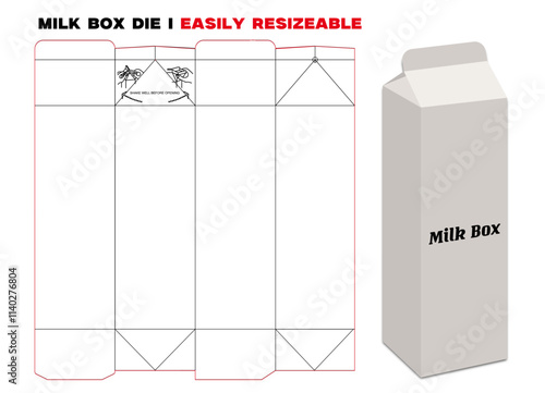 Cartoon Milk Box Diecut Paper carton milk box, juice or other drink boxes Dieline template and 3D vector file