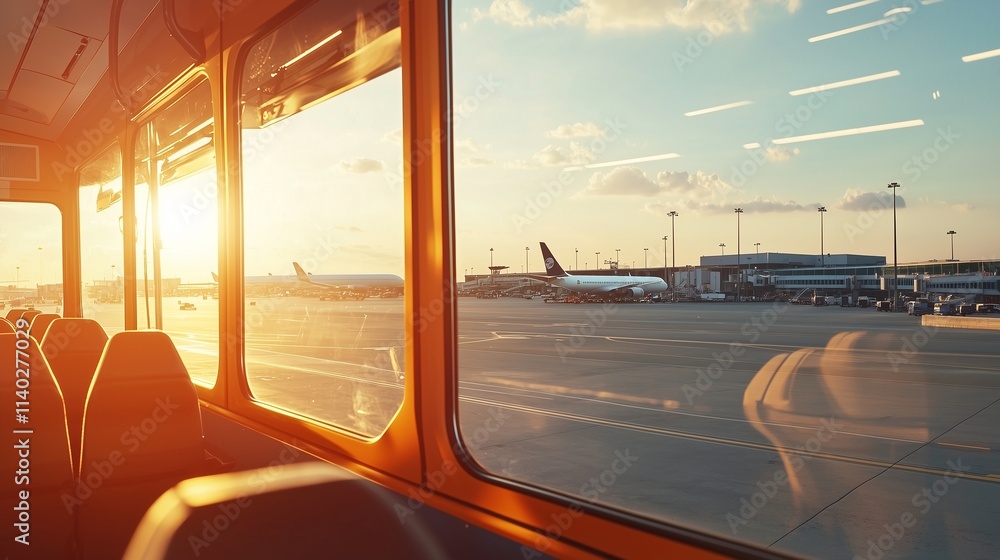 Fototapeta premium Airport shuttle bus with sunset view, symbolizing travel and transit.