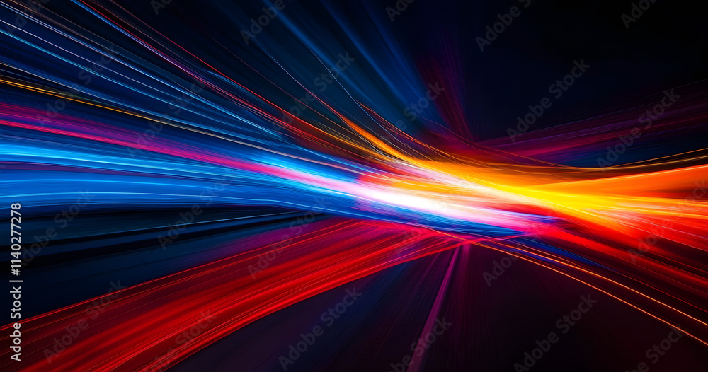 Speed of Light: Abstract streaks of vibrant red, orange, and blue light trails blur across a dark highway, symbolizing rapid movement, velocity, and technological advancement. Speed of Light: Abstract streaks of vibrant red, orange, and blue light trails blur across a dark highway, symbolizing rapid movement, velocity, and technological advancement.