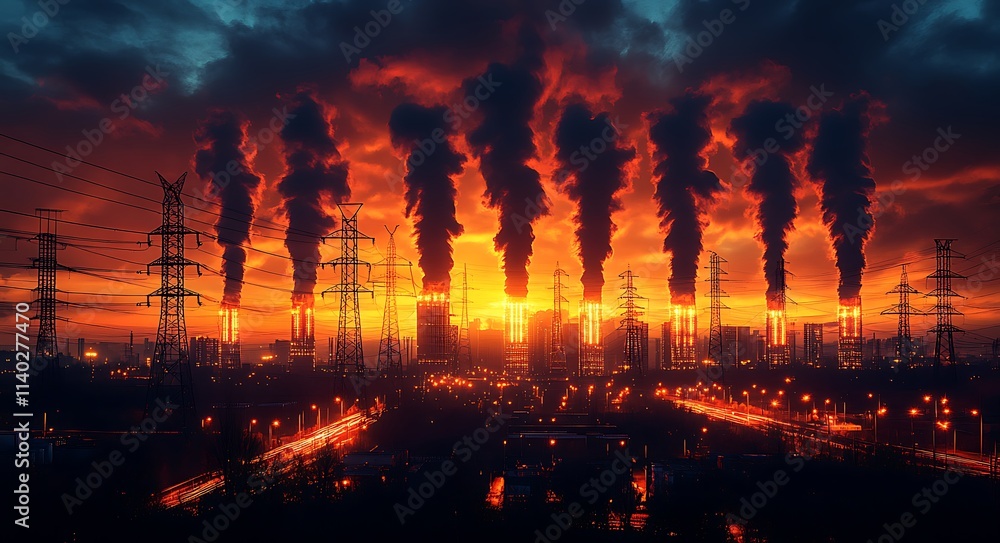 Industrial Sunset Smokestacks Pollution Cityscape Industrial Sunset Smokestacks Pollution Cityscape