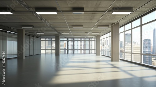 Empty office space with large windows symbolizes potential for workspace optimization and corporate relocation.